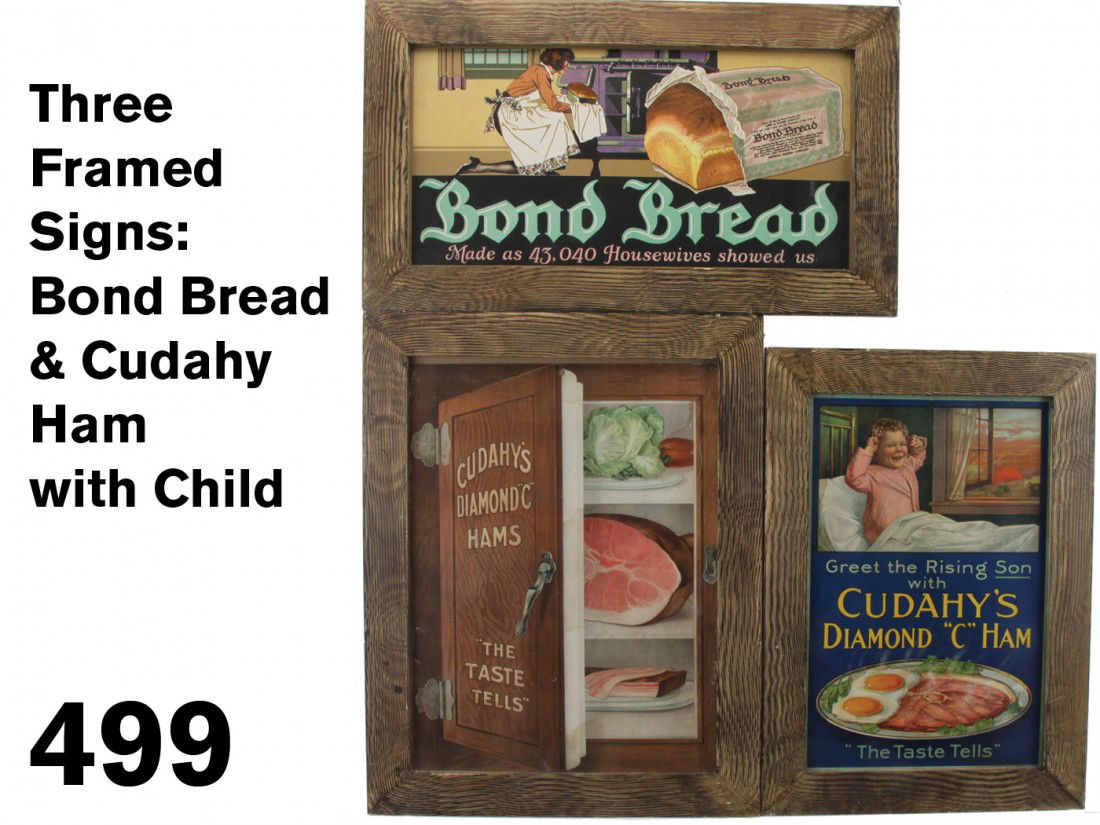 Three Framed Signs: Bond Bread & Cudahy Ham with Child: colorfully lithographed cardboard signs, circa 1920, includes Bond Bread with woman in kitchen, realistic image of open ice box with ham inside, and image of young boy getting out of bed at sunrise 'G