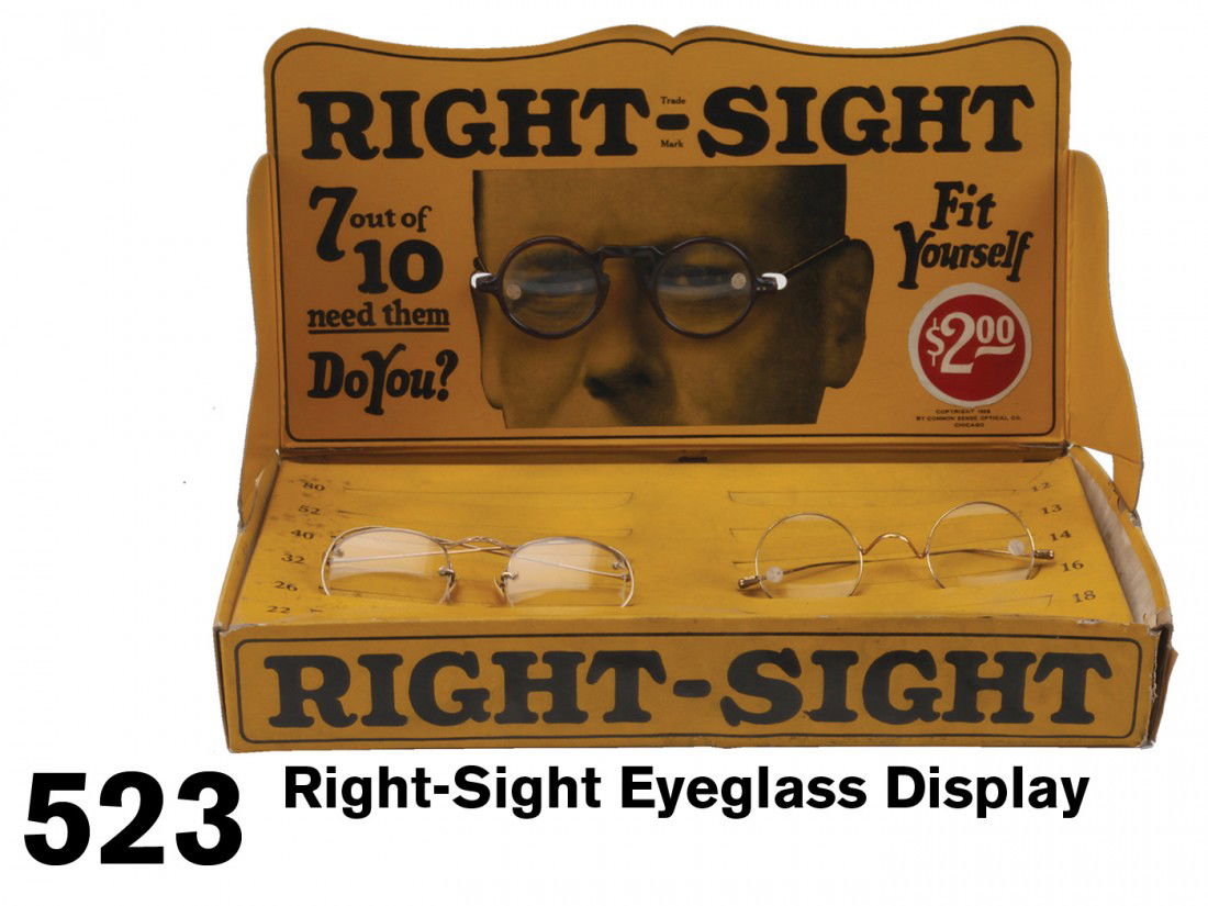 Right-Sight Eyeglass Display: lithographed cardboard display box with 3 pair of glasses, copyright 1926 by the Common Sense Optical Co. of Chicago 13" x 7" x 9"