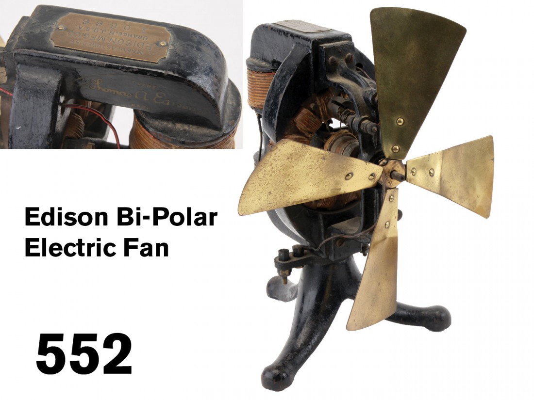Edison Bi-Polar Electric Fan: a very early Edison fan (circa 1898), consists of a heavy cast iron tripod base with cast iron armature housings both fixed and rotating coils; retains makers plate with serial number 10666 and indica