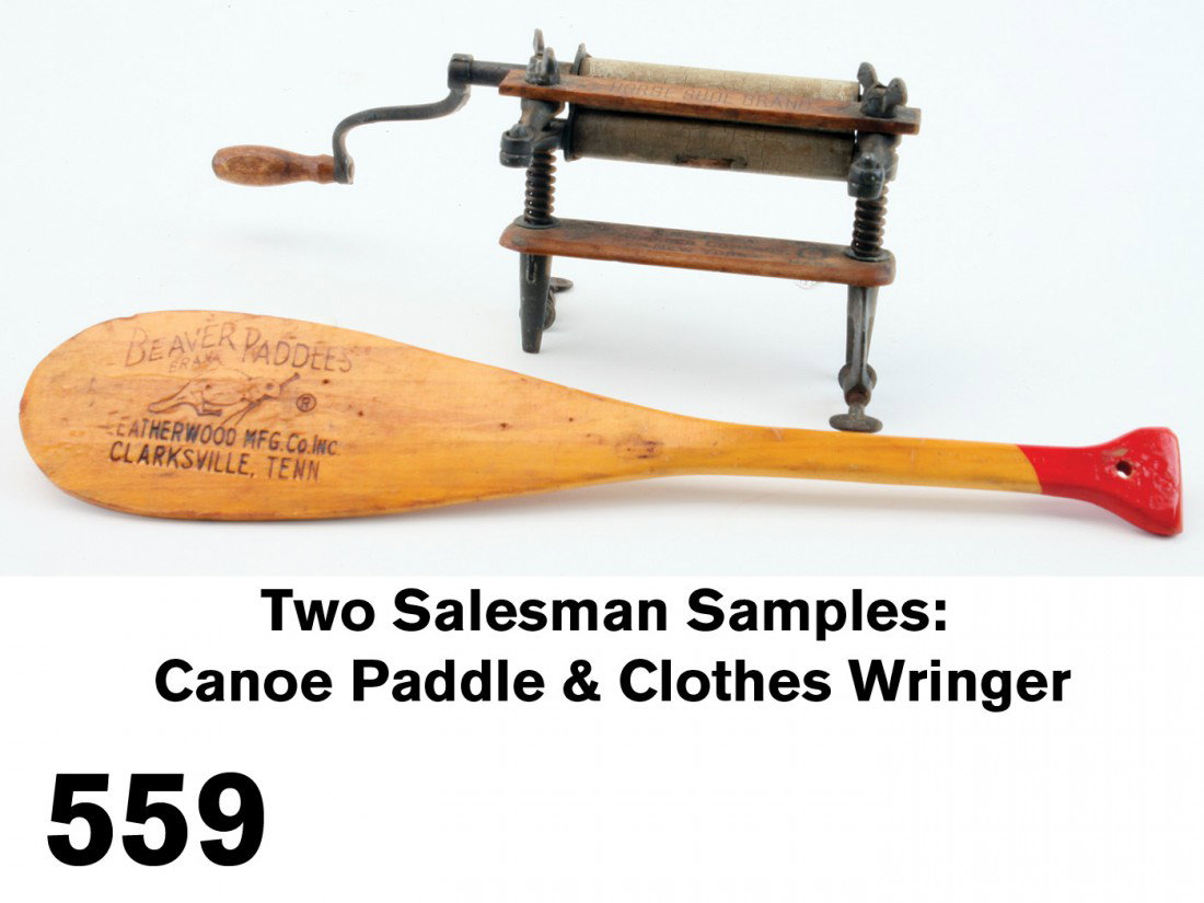 Two Salesman Samples: Canoe Paddle & Clothes Wringer: includes varnished and painted wood miniature canoe paddle, with image of beaver with paddle in mouth for Beaver Paddles of Clarksville, Tenn., retains paper label indicating prices by size with price