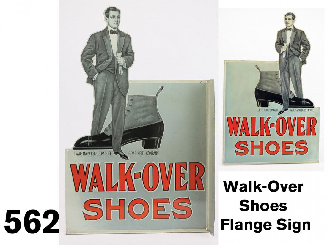 Walk-Over Shoes Flange Sign: finely printed steel double sided flange sign, strong graphics - shift in scale between shoe and gentleman create an eye catching image, one side has a very strong original surface while reverse has h
