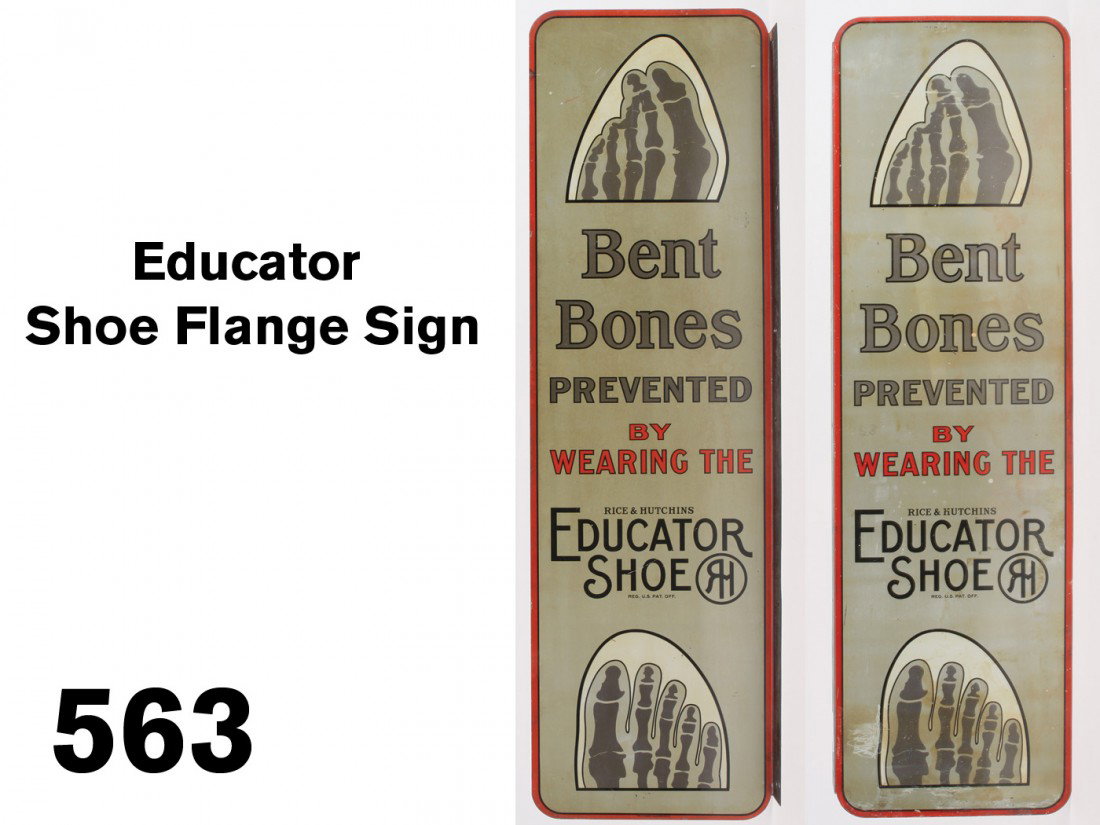 Educator Shoe Flange Sign: lithographed steel flange sign with eerie x-ray images of 'Bent Bones' and properly aligned bones after use of proper shoes; a rather large scale flange sign and a very unusual subject made by HD Beac