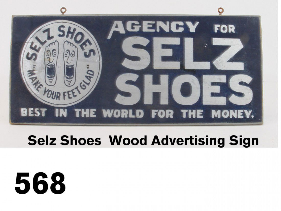 Selz Shoes Wood Advertising Sign: double sided beveled wood sign with silver paint on blue smaltz background, great image of smiling feet - 'Selz Shoes Make Your Feet Glad'; 9" x 22"