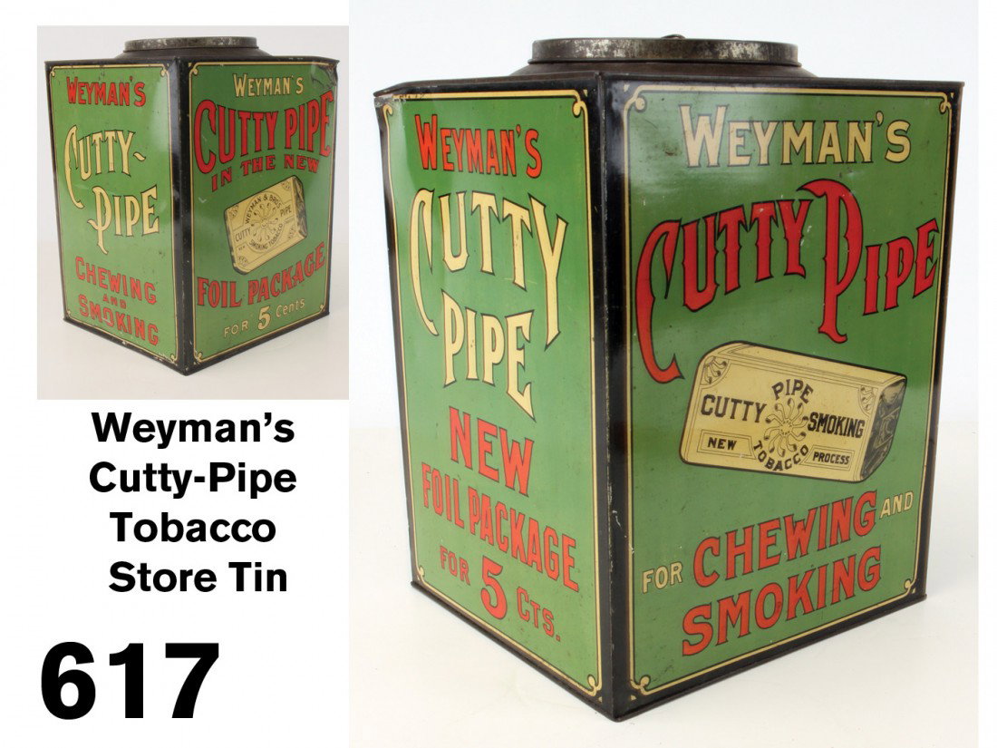Weyman's Cutty-Pipe Tobacco Store Tin: colorful lithographed store tin for dispensing Cutty-Pipe New Process Tobacco for Chewing and Smoking - strong color with only some minor scuffing, retains original ventilated circular tin lid; 14" x 