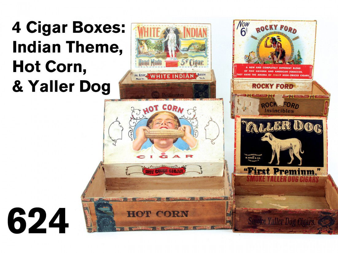Four Cigar Boxes: Indian Theme, Hot Corn, & Yaller Dog: early paper on wood cigar boxes with decorative lithographed labels on interior lids and sides: 'White Indian' depicts a cigar store Indian on pedestal painted white; 'Rocky Ford' pictures in brillian