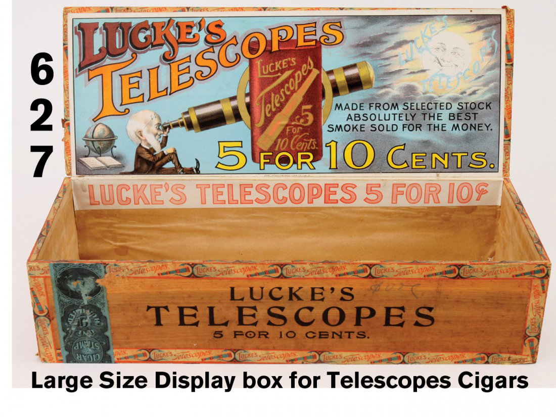 Large Size Display box for Telescopes Cigars: early paper on wood cigar box with lithographed labels on interior lid, 'Lucke's Telescopes' with a very colorful and fantastic image of man gazing at the moon with a huge telescope - the lithograph w