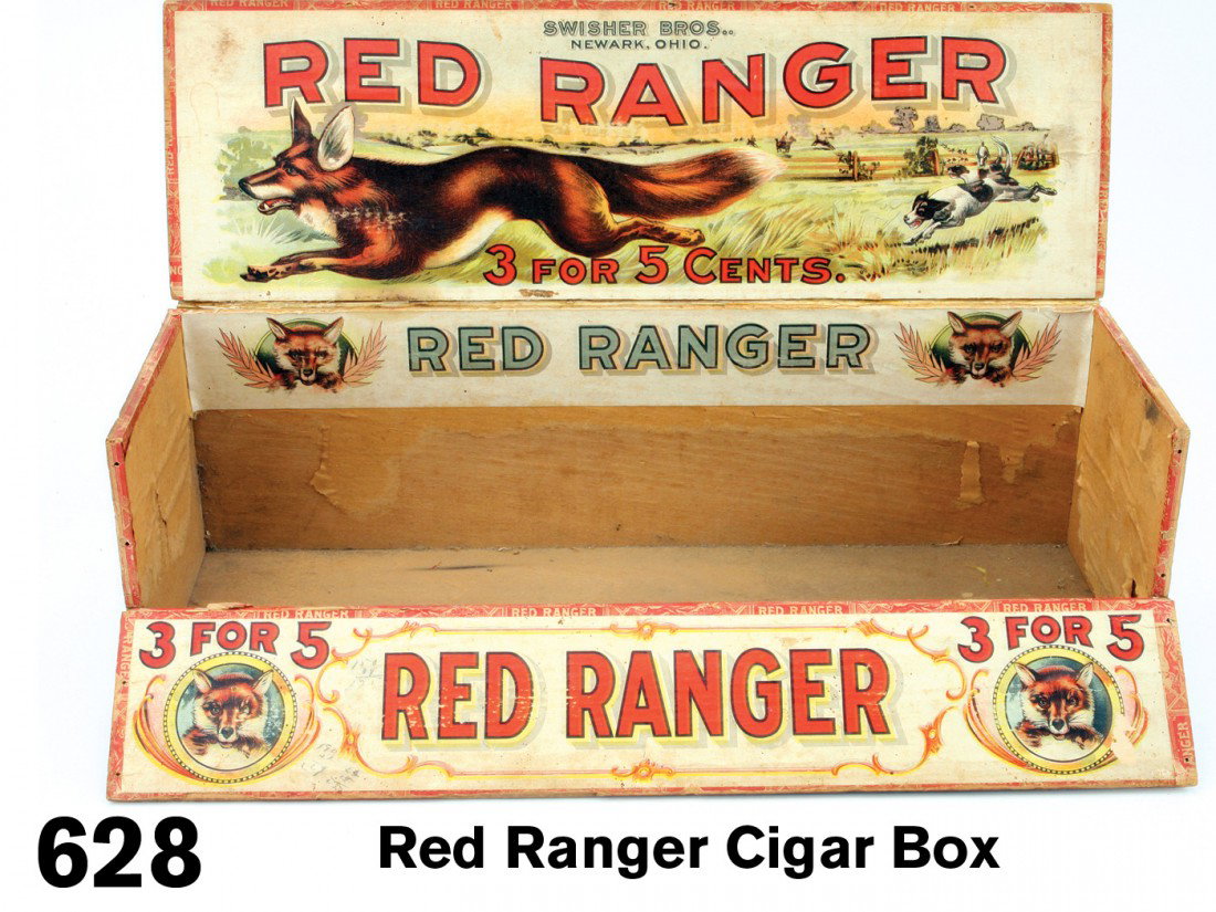 Red Ranger Cigar Box: early paper on wood cigar box with lithographed labels on interior lid, a double lidded box made to display 'Red Ranger' cigars with great vulpine imagery: in main label the red fox is being chased by