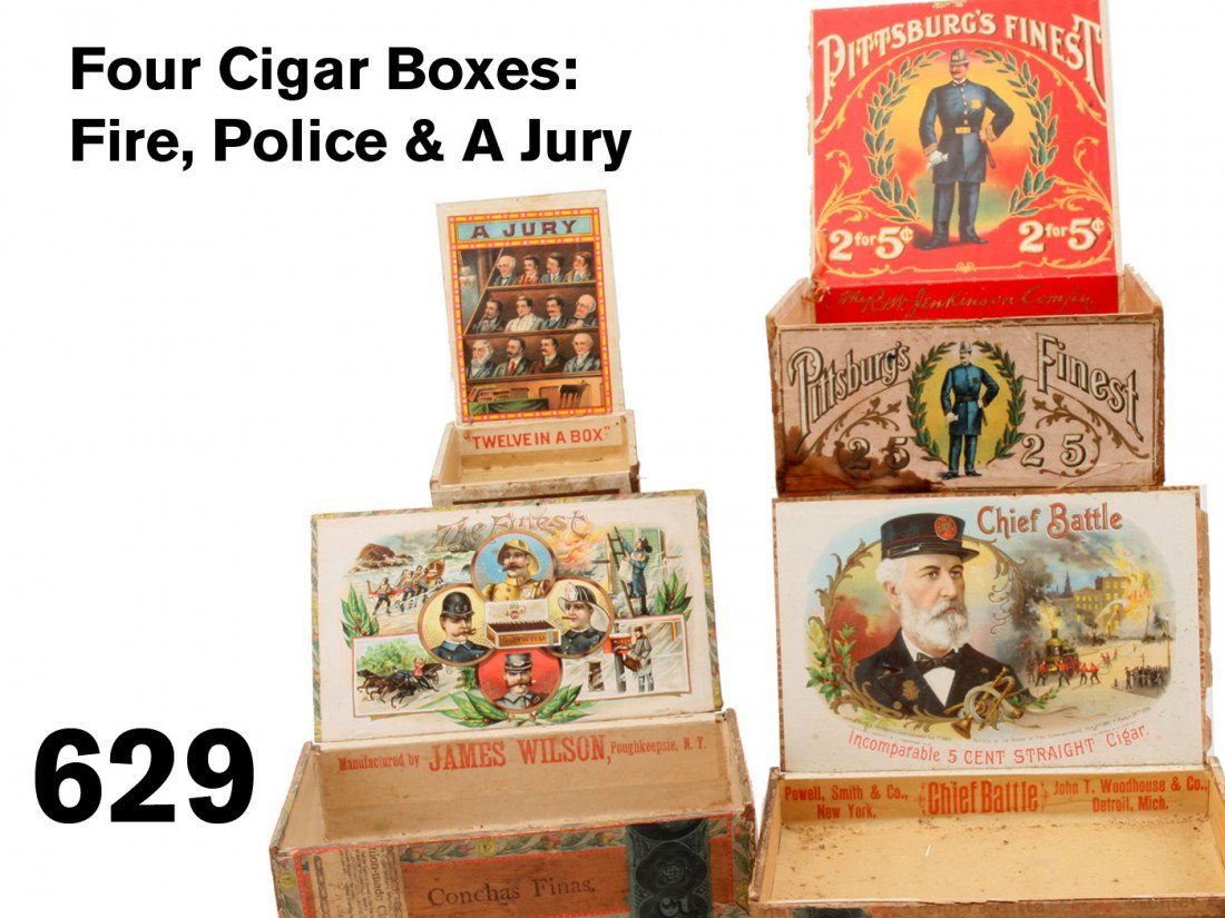 Four Cigar Boxes: Fire, Police & A Jury: early paper on wood cigar boxes with decorative and colorful lithographed labels on interior lids and sides: 'Pittsburgh's Finest' with strong graphic image of a robust policeman with billy club and p