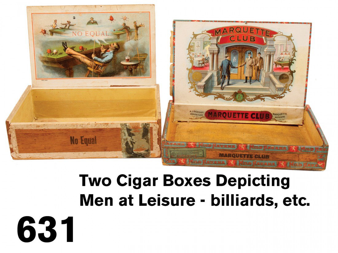 Two Cigar Boxes Depicting Men at Leisure - billiards, e: early paper on wood cigar boxes with decorative and colorful lithographed labels on interior lids and sides: 'No Equal' pictures a cigar smoking gent savoring his skill in billiards - feet propped up 
