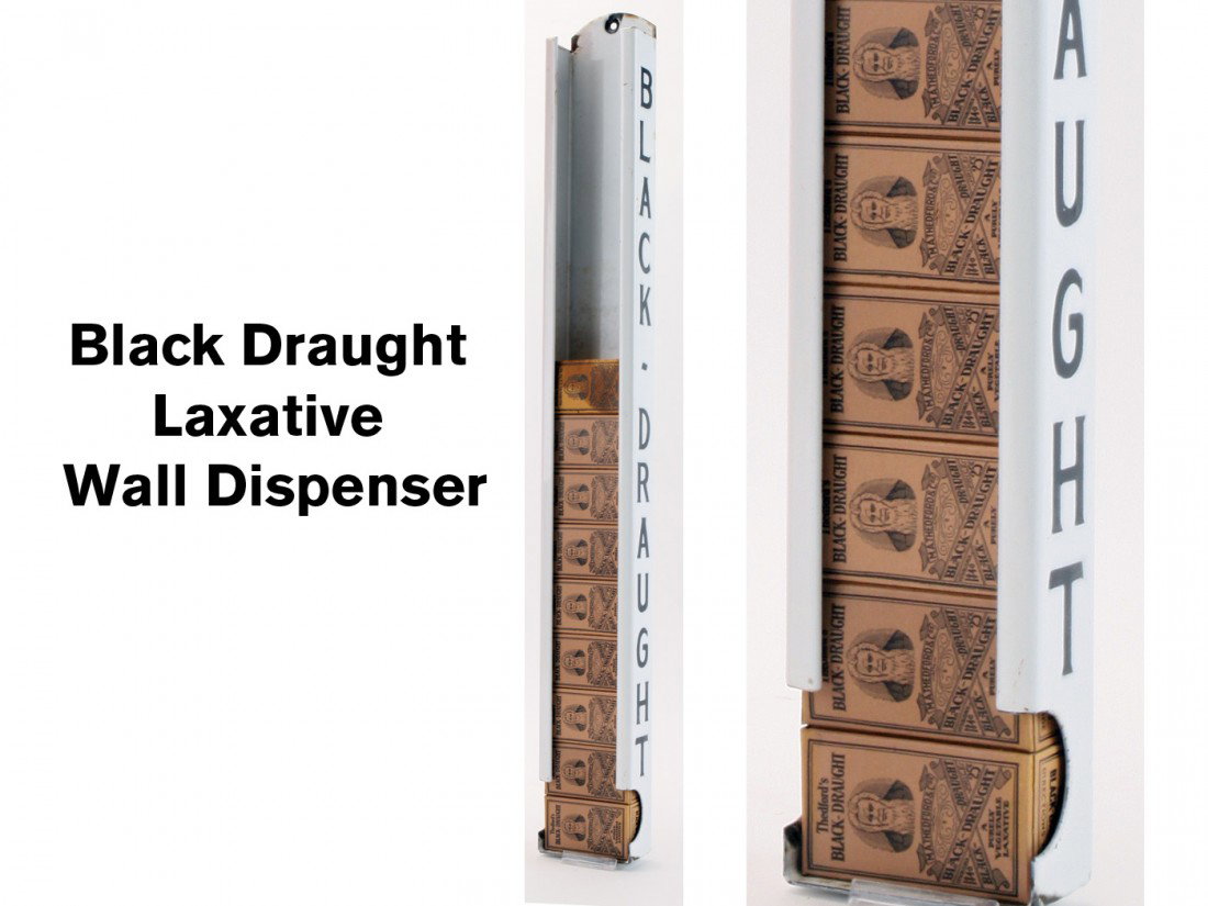 Black Draught Laxative Wall Dispenser: porcelainized steel wall hanging dispenser complete with 9 full decoratively printed product packages for the famed Chattanooga made laxative 24" t.