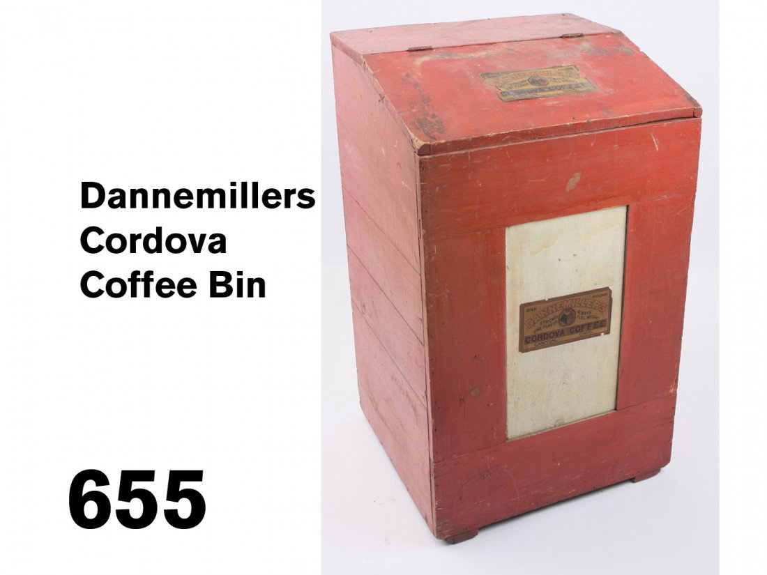 Dannemillers Cordova Coffee Bin: painted wood country store bin with applied paper labels for the Canton, Ohio coffee concern 34.5" x 20.5" w. x 19.5" d.