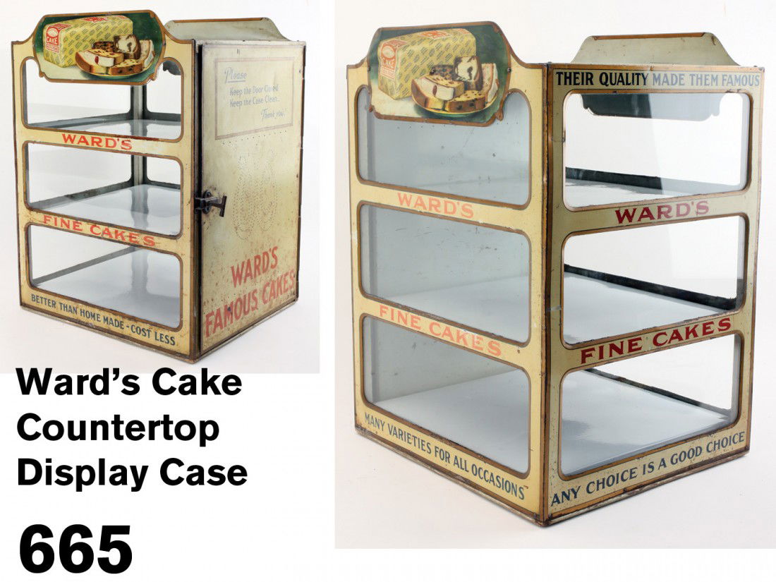 Ward's Cake Countertop Display Case: lithographed tin with glass windows, opens from rear with 3 porcelain on steel removable shelves; full color panel on either side depicts a plate of Ward's cake slices and a paper wrapped loaf; sides
