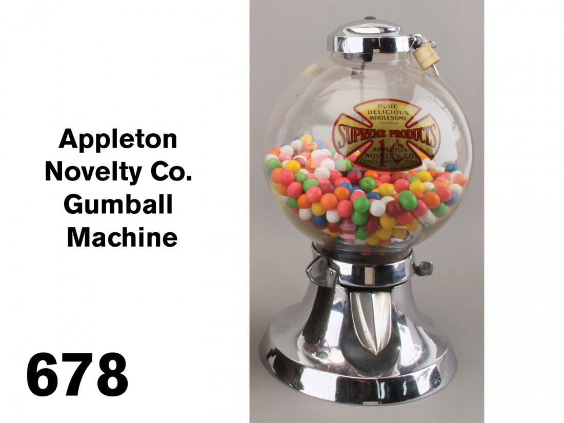 Appleton Novelty Co. Gumball Machine: nickel plated cast aluminum base and lid, globe retains original 'Supreme Products' decal, offered with replaced locks and keys; plating in exceptional condition; 14" t.