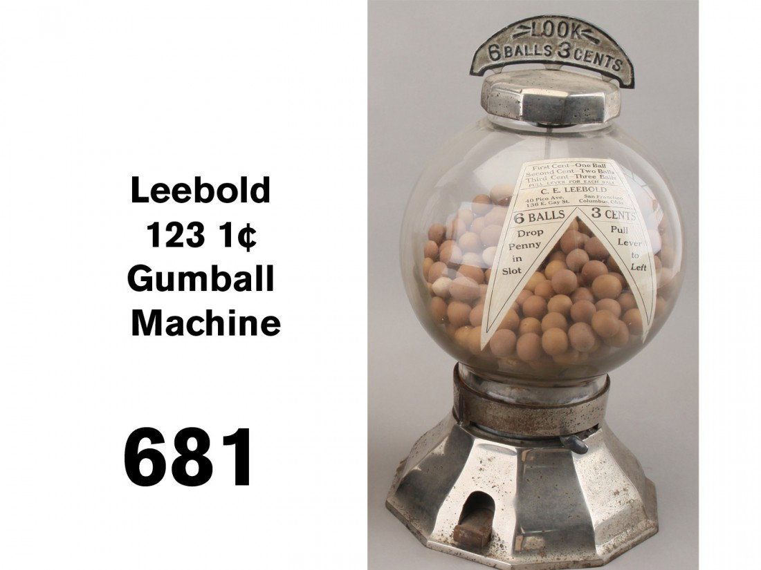 Leebold 123 1¢ Gumball Machine: nickel plated cast metal base with original top with cast metal marquee indicating 'Look 6 Balls for 3 Cents', appears to be a very nice example with internal paper label and locks, offered with a lar