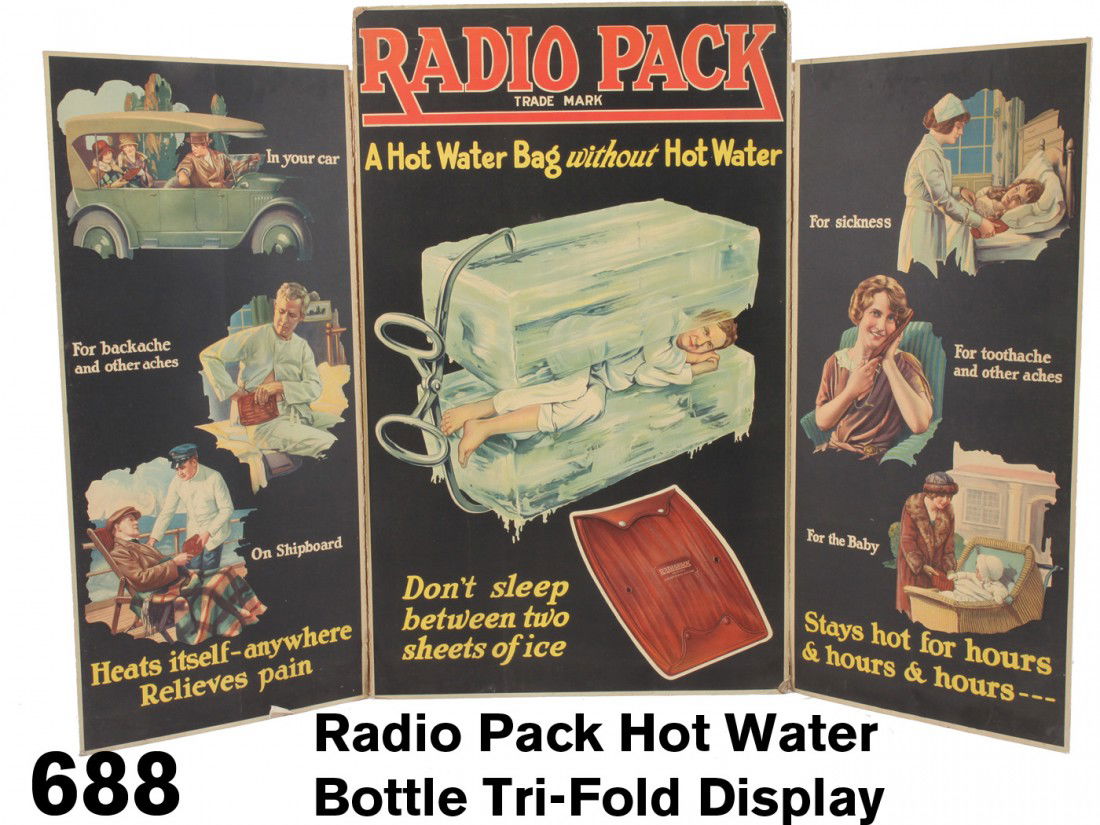 Radio Pack Hot Water Bottle Tri-Fold Display: very colorful lithographed cardboard 3 panel display, great graphics floating on black background show various uses while central panel has bizarre image of man trying to sleep between blocks of ice a