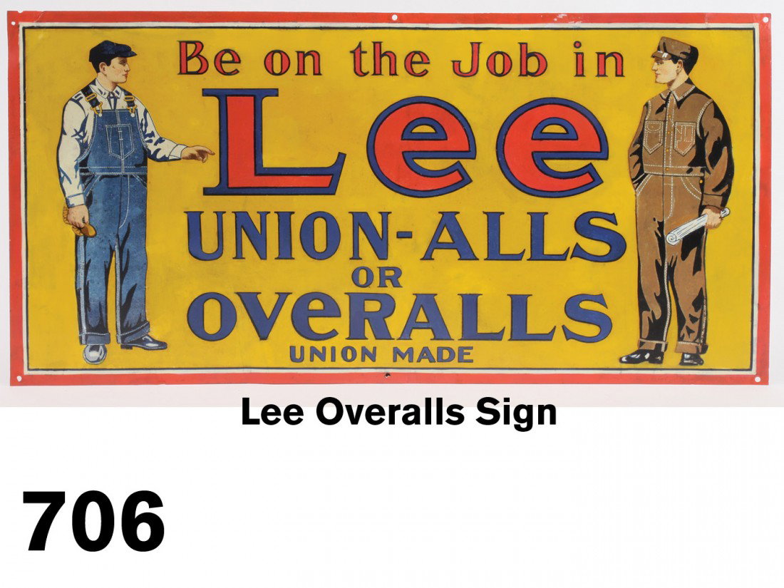 Lee Overalls Sign: colorful lithographed tin - scarce image with two types of work clothes 14" x 27"