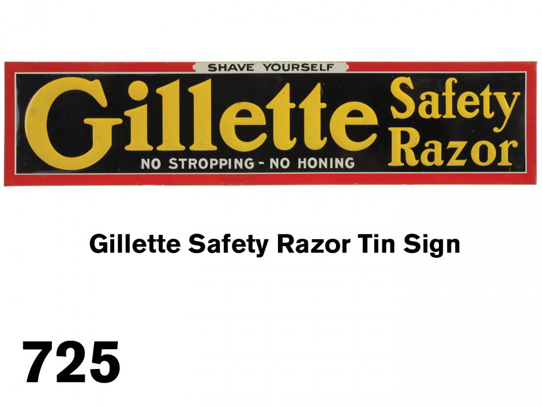 Gillette Safety Razor Tin Sign: self framed embossed lithographed tin sign from the early 'Safety Razor' era suggesting the novel concept 'Shave Yourself'; 5" x 23"