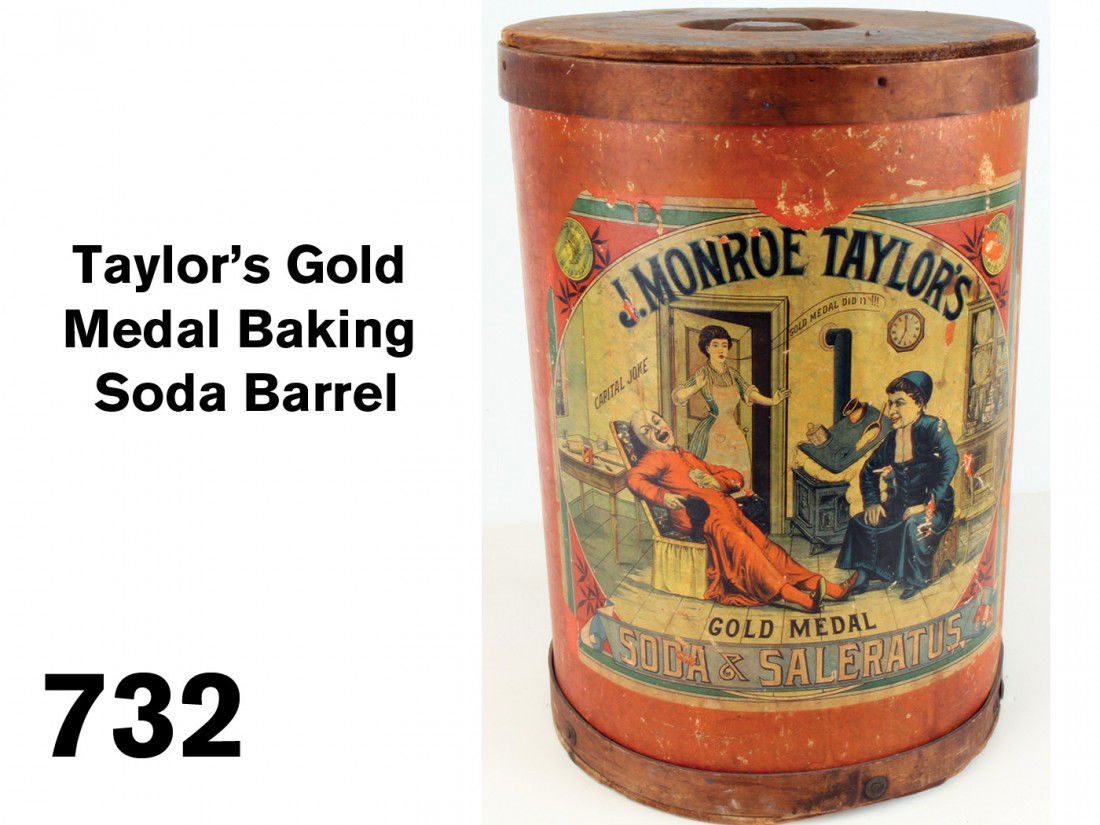Taylor's Gold Medal Baking Soda Barrel: heavy fiberboard and wood barrel with colorful lithographed labels - one presents a comical scene which an exploding oven, retains original printed wood lid with knob for opening to get at contents, l