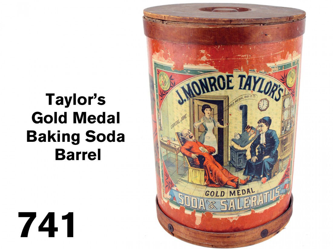 Taylor's Gold Medal Baking Soda Barrel: heavy fiberboard and wood barrel with colorful lithographed labels - one presents a comical scene which an exploding oven, retains original wood lid with knob for opening to get at contents; 20" t., 1