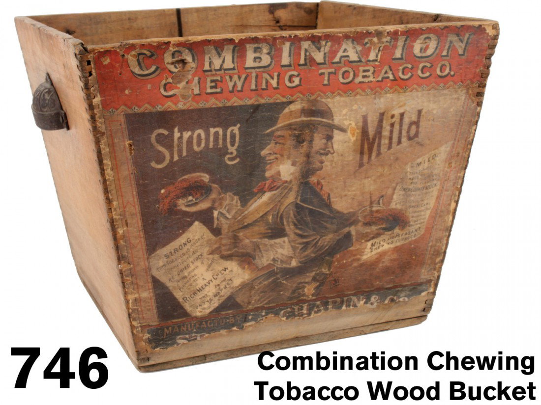 Combination Chewing Tobacco Wood Bucket: early wood shipping and display box with cast iron finger grips and colorful lithographed paper label, retains partial original tax stamps 12" sq. x 10" t.