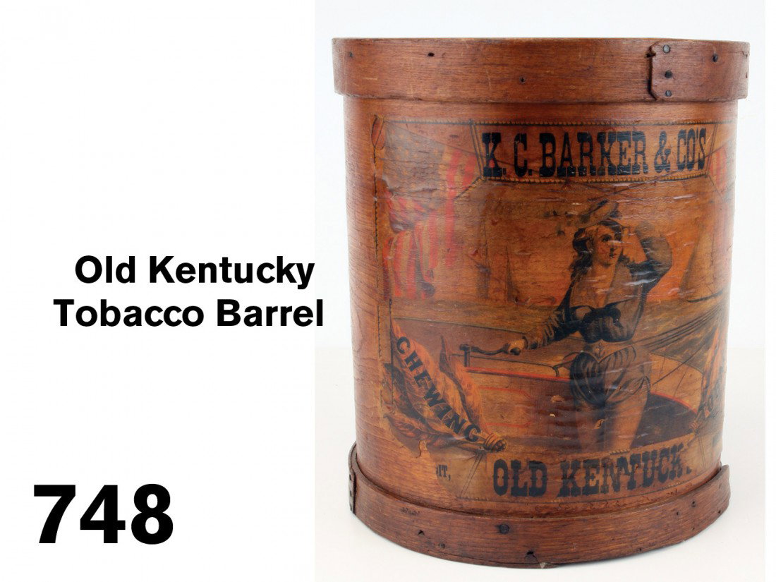 Old Kentucky Tobacco Barrel: wooden tobacco barrel with colorful lithographed label depicting a skimpily clad yachting lady at the tiller of a sailboat, retains original tax stamps 13" t., 11" diam.