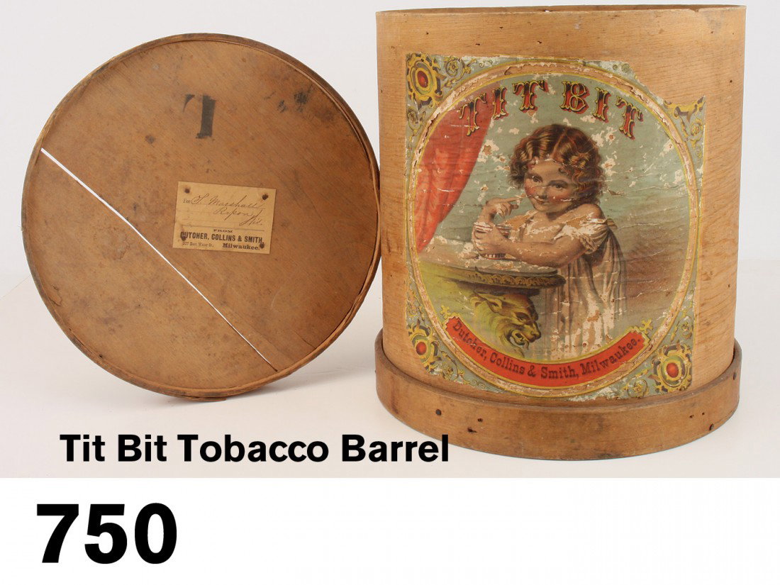 Tit Bit Tobacco Barrel: wooden tobacco barrel with colorful lithographed label depicting a sweet little girl for a Milwaukee tobacco firm, retains original tax stamp on sides and shipping label on lid 15" t., 13" diam.