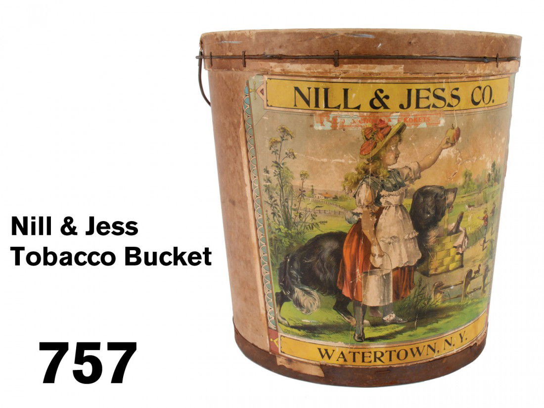 Nill & Jess Tobacco Bucket: fiberboard bucket with original bale and colorful lithographed paper label depicting a young girl with her trusty dog bringing lunch to a pair of farm hands, labeled for a Watertown, NY tobacco maker
