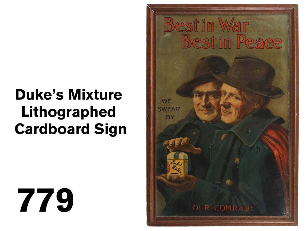 Duke's Mixture Lithographed Cardboard Sign: colorful lithographed poster advertising Dukes tobacco, depicts a pair of veterans noting that Dukes is 'Our Comrade' - Best in War , Best in Peace', offered in what appears to be original frame, reta