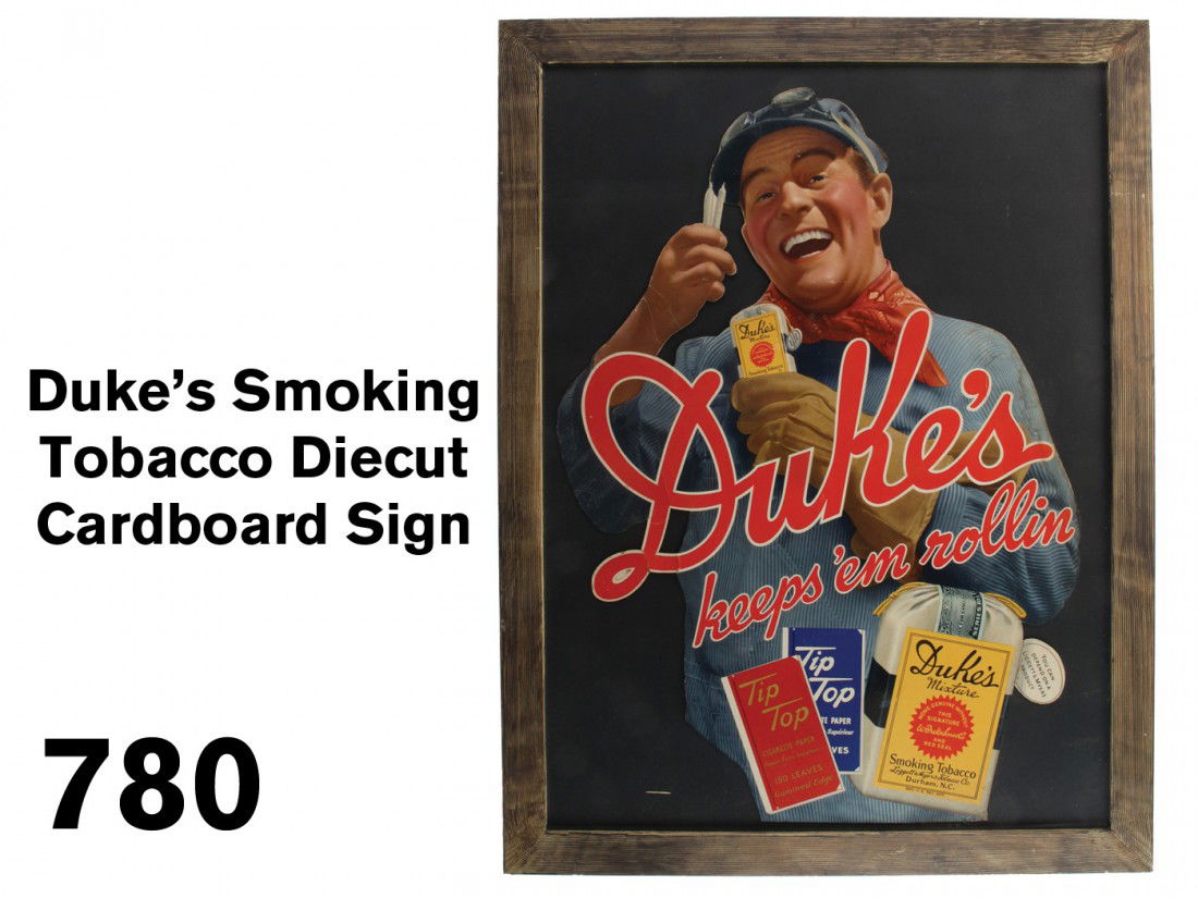 Duke's Smoking Tobacco Diecut Cardboard Sign: very colorful lithographed cardboard diecut sign with image of a trainman/engineer happily holding aloft two finely hand rolled 'smokes', pictured with the pouch of tobacco are 2 packs of Tip Top ciga