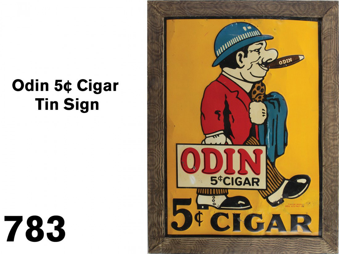 Odin 5¢ Cigar Tin Sign: very colorful embossed lithographed tin sign depicting a dapper gent smoking a big cigar, offered in wood frame (a bit loose in frame), retains strong color but has some areas of touch up frame 32" x 