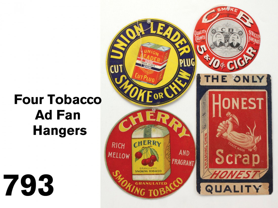 Four Tobacco Ad Fan Hangers: double sided lithographed cardboard fan hangers, includes Union Leader Cut Plug, CB 5&10¢ Cigar, Honest Scrap, and Cherry Smoking Tobacco largest 12" x 7.5"