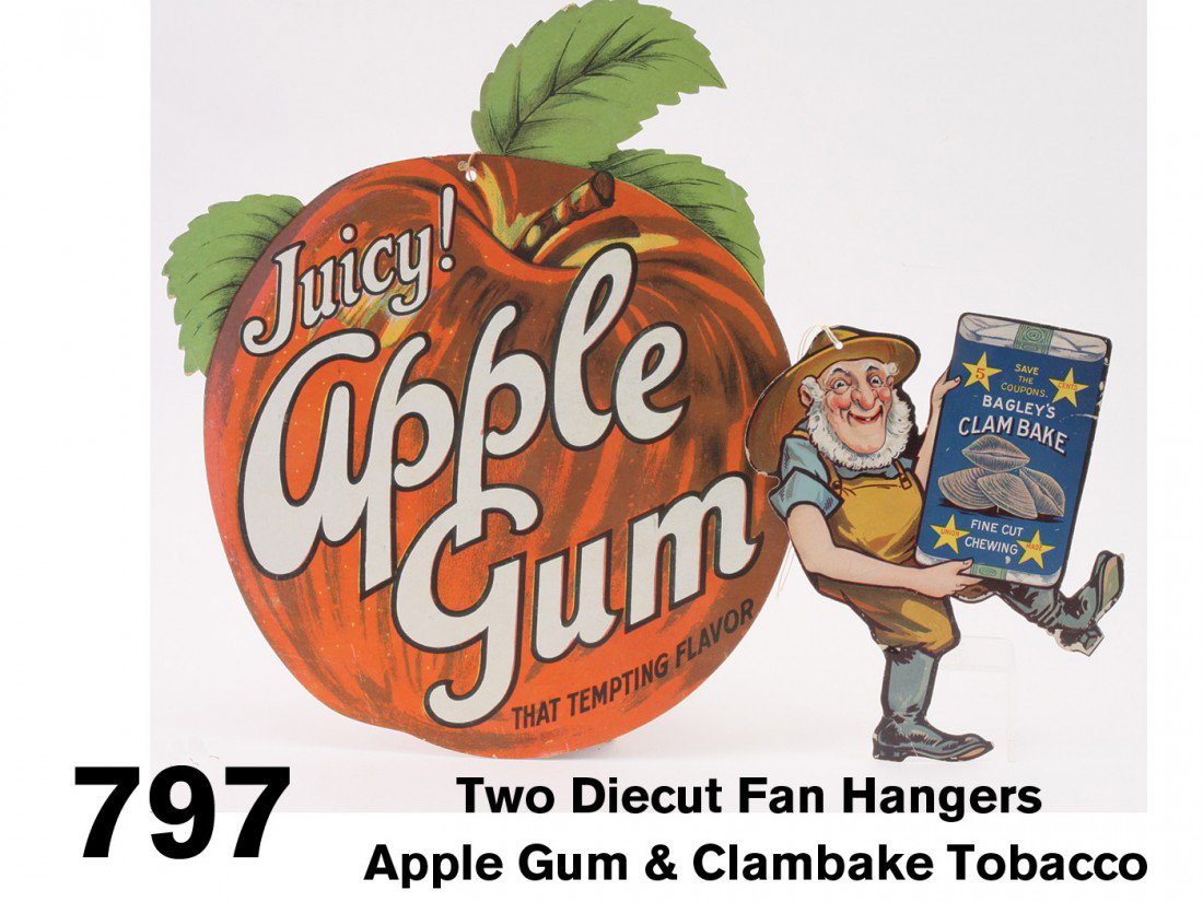 Two Diecut Fan Hangers Apple Gum & Clambake Tobacco: colorful diecut cardboard fan hangers: Bagley's Clambake Fine Cut - with comical image of fisherman holding an oddly named chewing tobacco container & Juicy! Apple Gum ; larger 13" x 11"