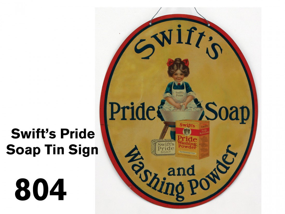 Swift's Pride Soap Tin Sign: lithographed tin oval hanging sign, cute image of girl with wash tub; 11" x 9"