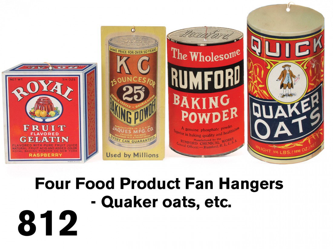Four Food Product Fan Hangers - Quaker oats, etc.: lithographed cardboard fan hangers - includes Quaker Oats, Rumford Baking Powder, Royal Gelatin, and KC Baking Powder - all in the form of containers and double sided (except for Quaker Oats) largest 