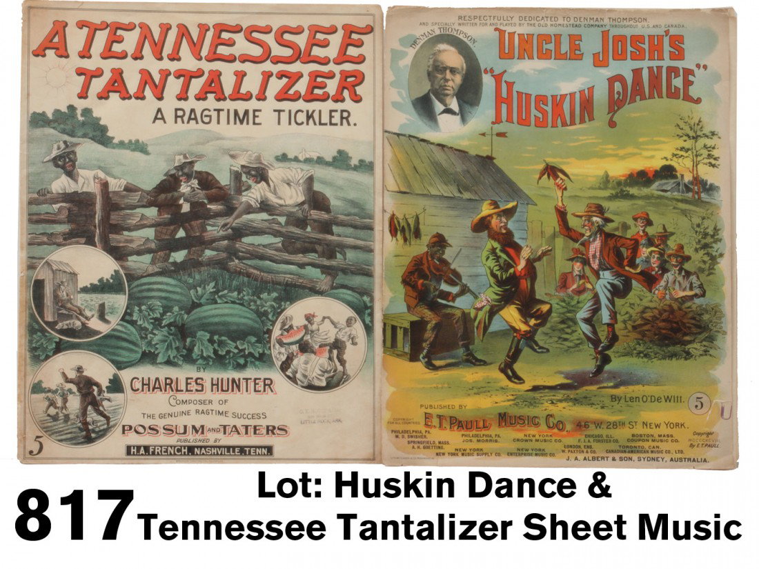 Lot: Huskin Dance & Tennessee Tantalizer Sheet Music: typically very colorful lithographed by E.T. Paul sheet music for 'Uncle Josh's Huskin Dance' - depicting dancing farmers with a Black fiddle player along with a framed ragtime sheet for 'A Tennessee 