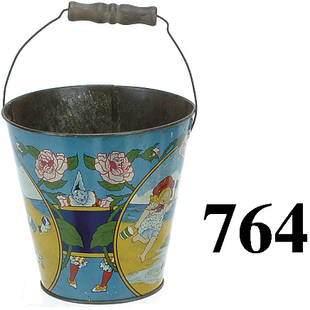 Kiddies Metal Toys Inc. Sand Pail: brightly colored lithographed tin with deco floral borders, wire bail with wood handle 6" t.