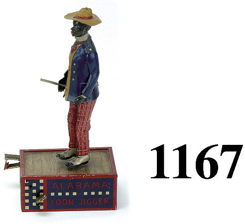 Lehmann OH-MY Alabama Coon Jigger: embossed lithographed tin, clockwork, original stick in hand 10.75" t.