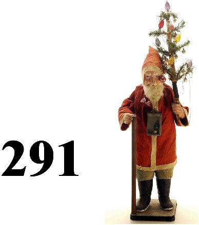 Santa with Battery Powered Lantern: Santa with Battery Powered Lantern paper mache and wood on mica flecked wood base, he holds a feather tree with 9 figural lights in porcelain sockets and has a tin and glass lantern attached to chest