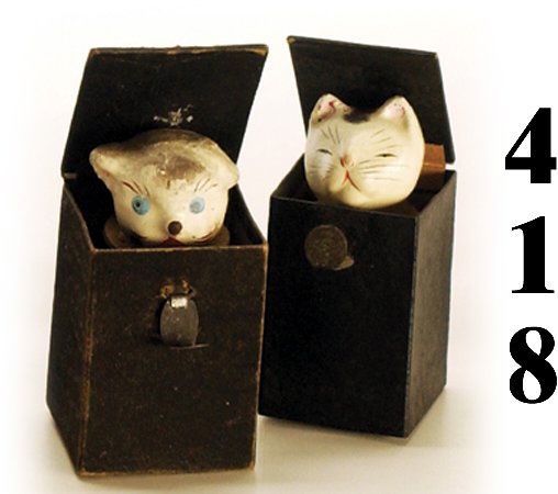 Lot: 2 Cat Jack-in-the-Boxes: Lot: 2 Cat Jack-in-the-Boxes painted composition heads in paper on cardboard boxes appr. 5"t each very good to excellent