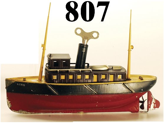 Ives "King" Tug Boat: Ives "King" Tug Boat painted tin, clockwork, retains original rubber stamping, altogether a very nice example 10.5" l. very good to excellent (some paint flaking on deck and a bit on the hull)