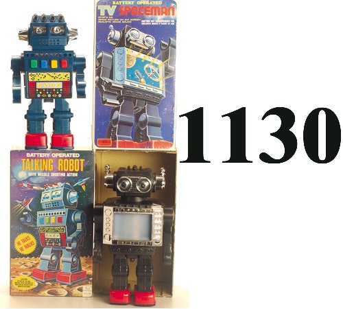 Lot: Talking Robot and TV Spaceman with: Lot: Talking Robot and TV Spaceman with boxes lithographed tin and plastic battery operated, S.H. space man and HK Talking robot appr. 12" t. each new-old-stock (not tested, HK robot with light scuffi