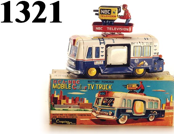 Cragstan Mobile Color TV Truck with box: Cragstan Mobile Color TV Truck with box lithographed tin battery operated has great moving footage on side screen 9"l. excellent (light staining on box) * A special note regarding operation of battery