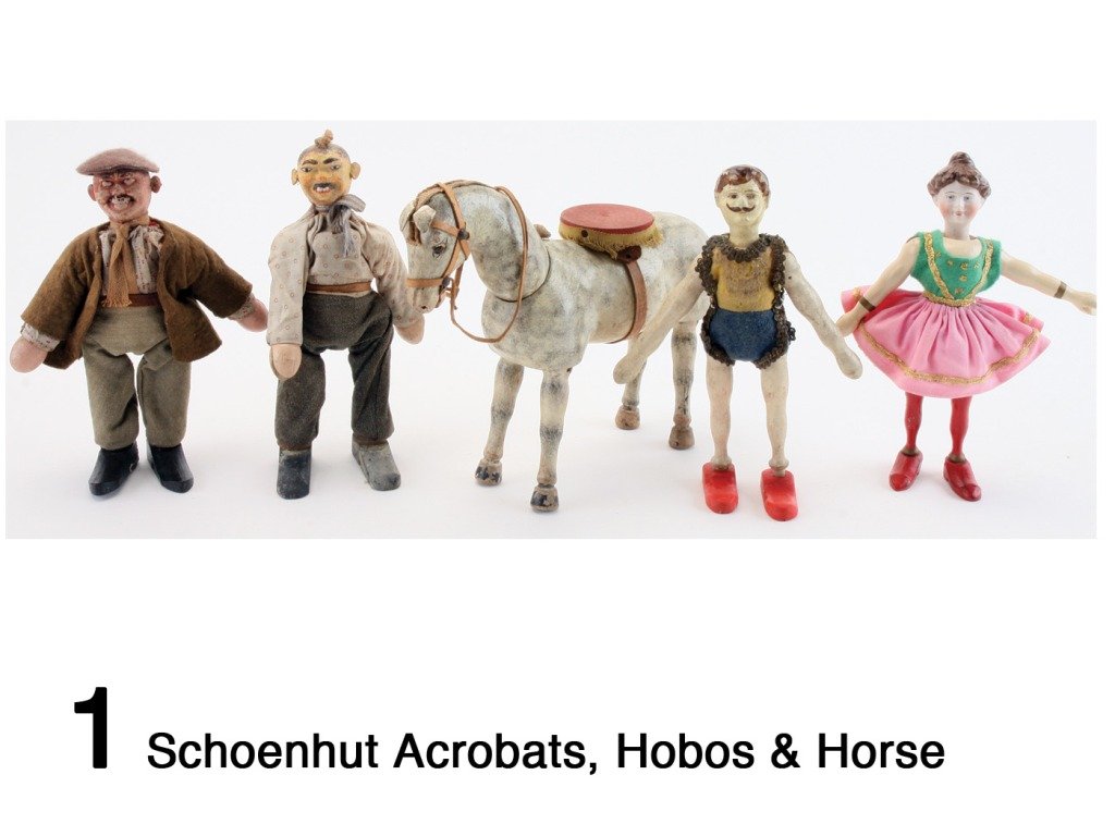 Schoenhut Acrobats, Hobos & Horse: cloth dressed painted wood jointed figures-Style II hobo with plaster face and style IV hobo painted wood face/thick neck (paint wear to face), bisque head lady acrobat (redressed/repainted), gent acr