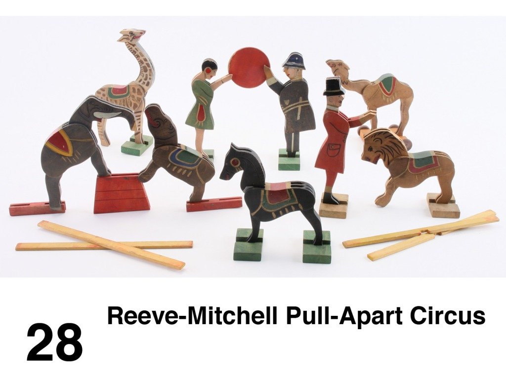 Reeve-Mitchell Pull-Apart Circus: painted wood with slotted construction for creating an array of circus antics - includes ringmaster, lady acrobat, clown policeman & performers; animals include lion, horse,giraffe, bear, elephant and