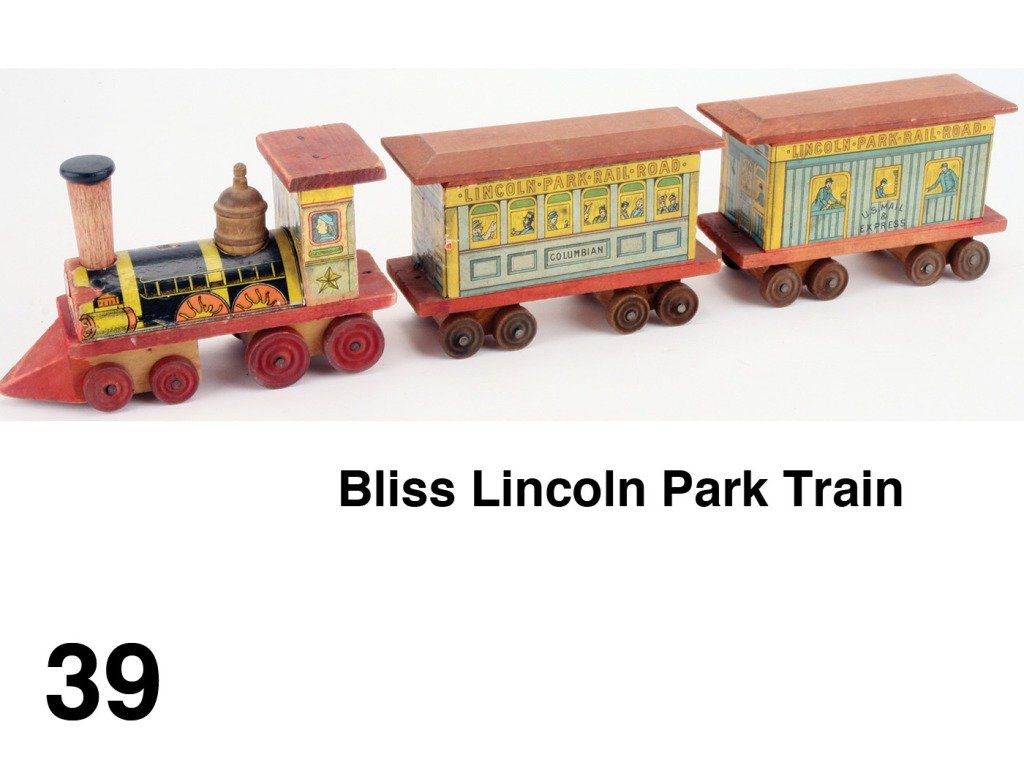 Bliss Lincoln Park Train: lithographed paper on wood 3 piece Lincoln Park Railroad set with U.S. mail & express and Columbia coaches Size: 18" l.