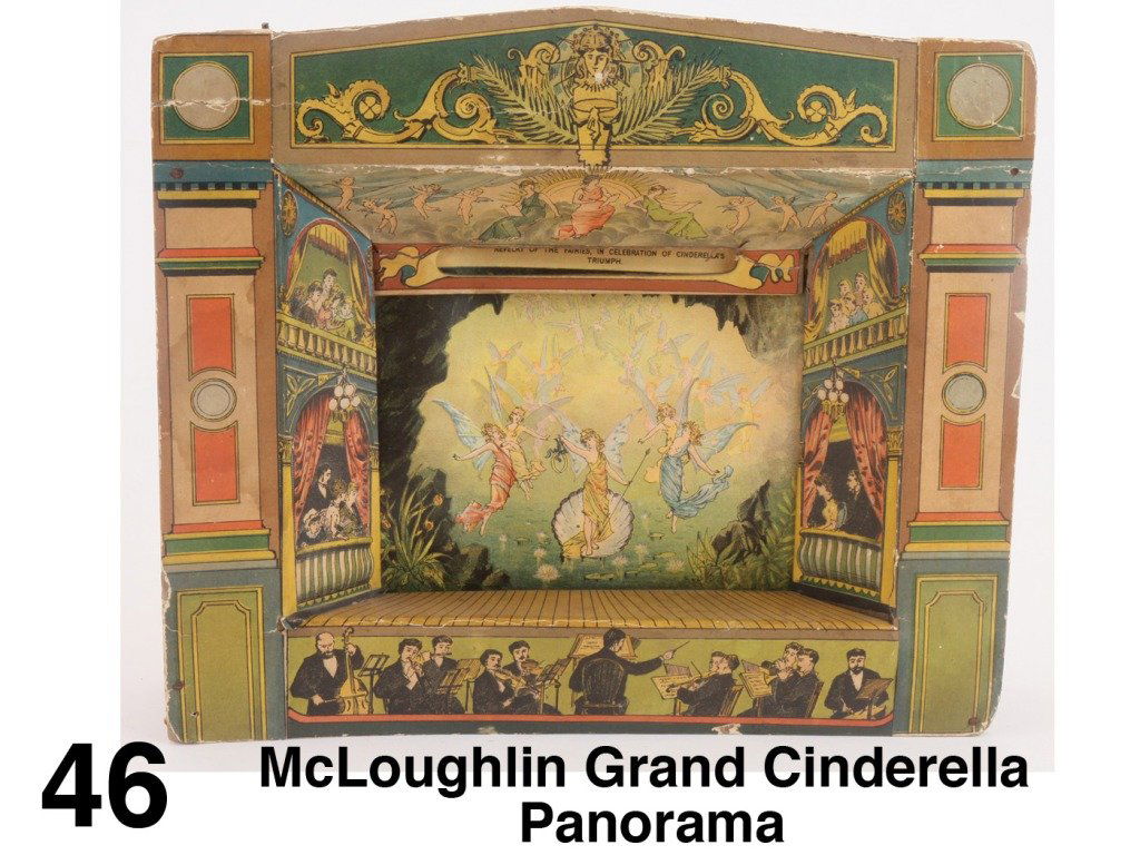 McLoughlin Grand Cinderella Panorama: lithographed paper on wood stage with scenic panorama telling the story of Cinderella Size: 12.5" w. x 11" t. x 3" d.
