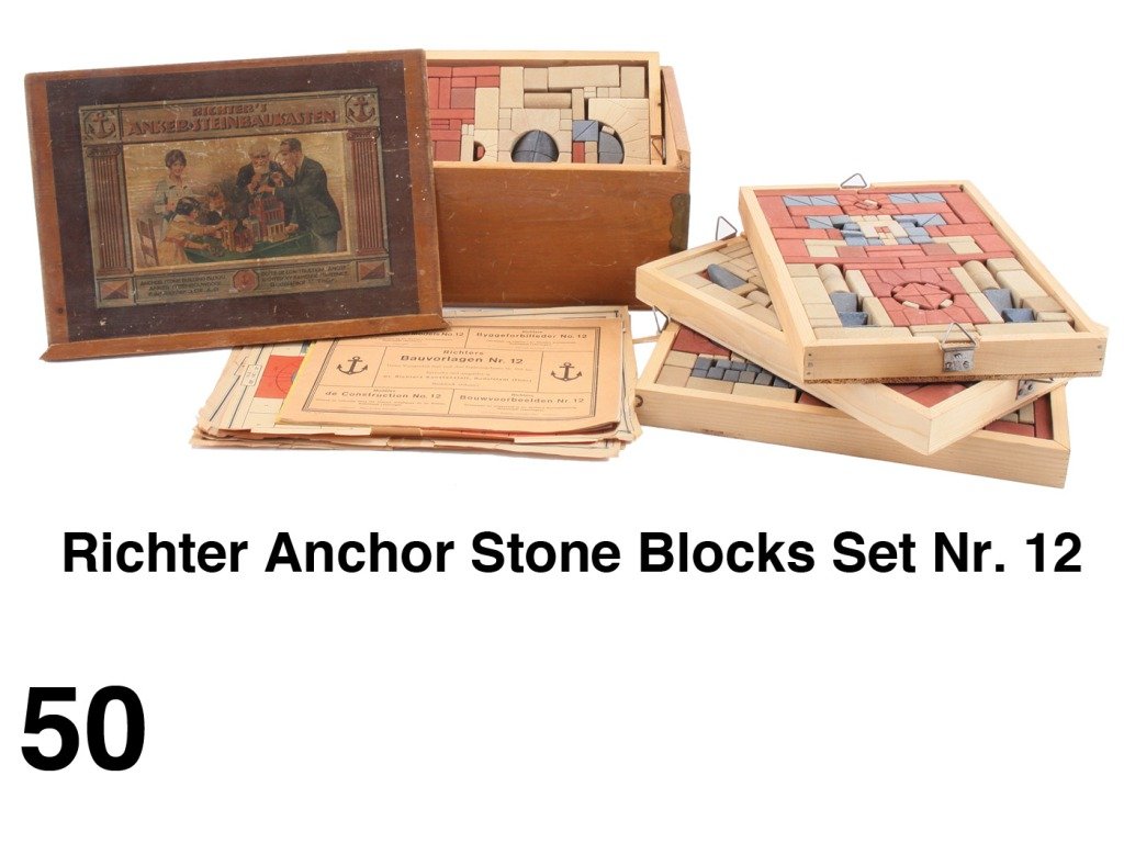 Richter Anchor Stone Blocks Set Nr. 12: an exceptional 3 layer set of stone building blocks in unplayed with condition in wood packing crate with instruction booklets, packing plan sheets, etc.; Anchor blocks were the greatest architectural