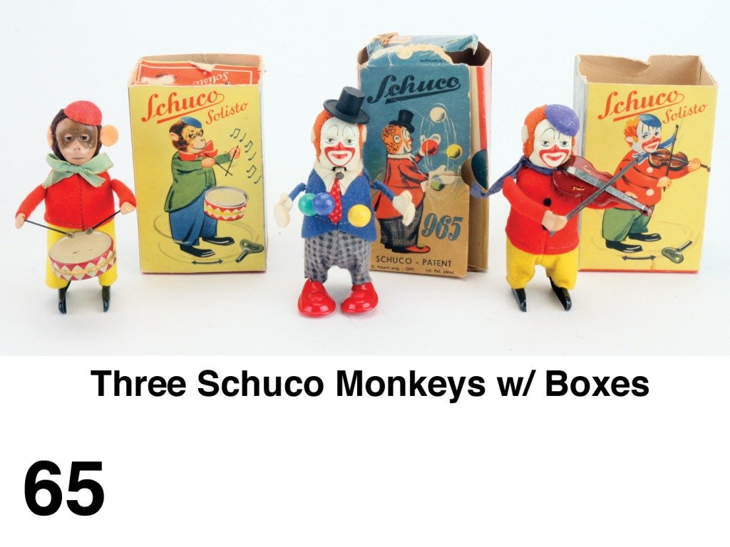 Three Schuco Monkeys w/ Boxes: cloth dressed wind up monkeys-violinist, drummer and ball juggler Size: 4.5" t. ea.