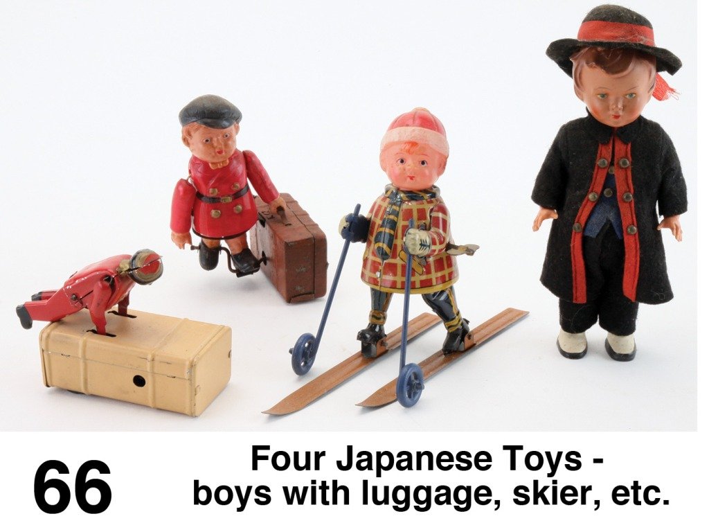 Four Japanese Toys - boys with luggage, skier, etc.: celluloid and tin with clockwork mechanisms; includes finely crafted boy on skies and boy with suitcase - both marked Occupied Japan; along with Black bellhop and trunk and shimmying figure of boy in 