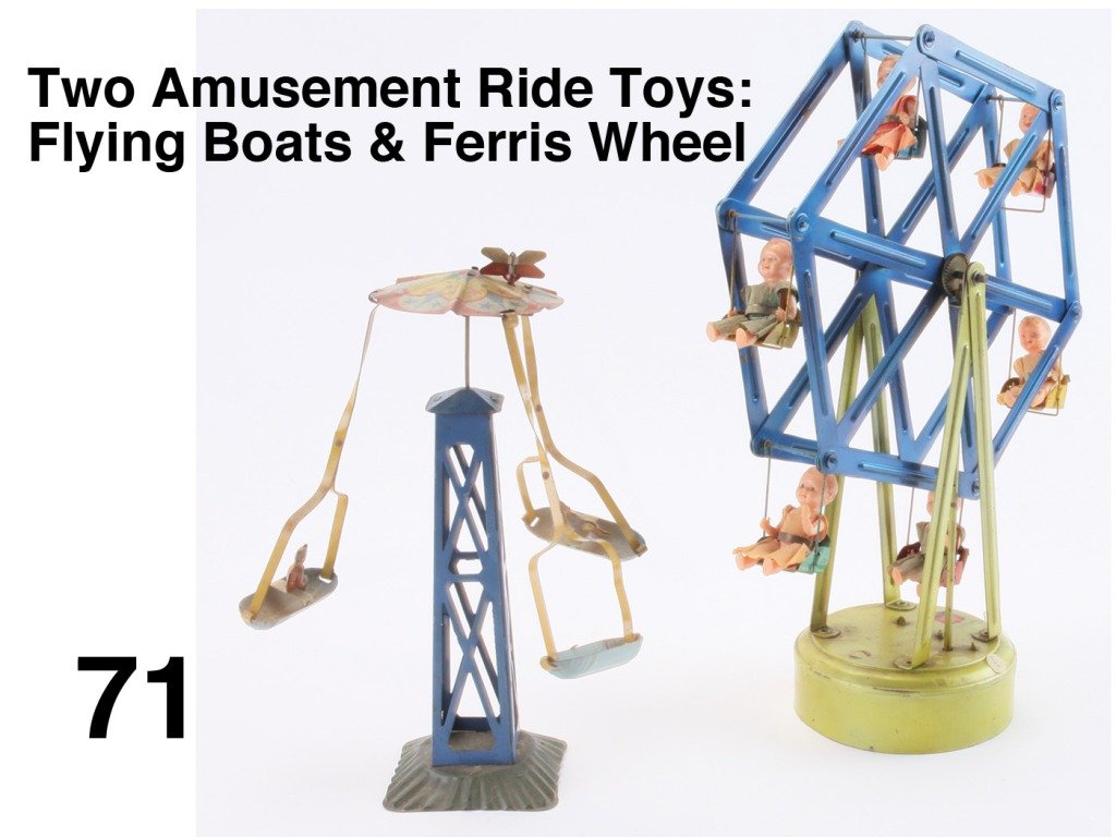 Two Amusement Ride Toys: Flying Boats & Ferris Wheel: both clockwork: includes German made flying boats with colorful canopy along with a Ferris wheel by JML - France with 6 celluloid children riders Size: taller 15" t.